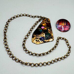 Vintage Mid-Century Copper Enamel Necklace Pendant and Brooch, Norway,Signed KB